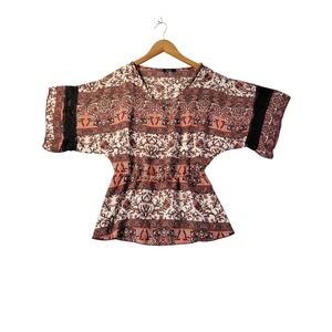 Deb Boho Peasant Top Rust‎ Black Floral Print Stretch Waist Kimono Sleeve